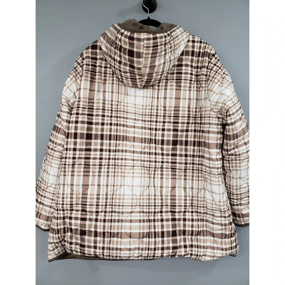 NWOT SUSAN GRAVE Reversible Quilted Woven Fleece‎ Jacket TAUPE PLAID 1X Coat